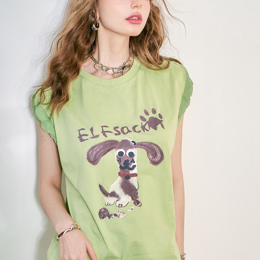 
                  
                    ELFSACK New summer 2024 dog print short sleeved t-shirt with elastic and anti glare design at the cuffs for women
                  
                