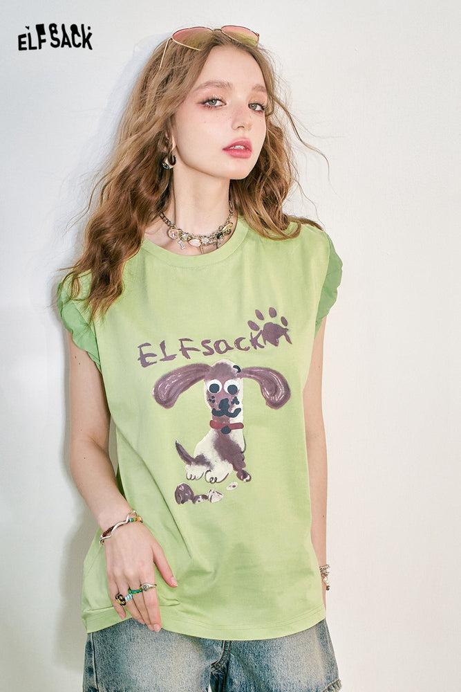 
                  
                    ELFSACK New summer 2024 dog print short sleeved t-shirt with elastic and anti glare design at the cuffs for women
                  
                