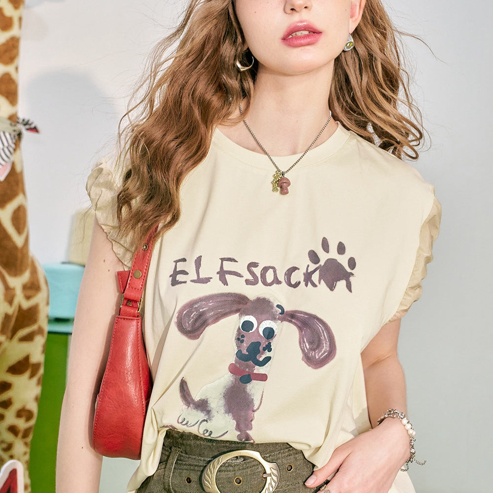 
                  
                    ELFSACK New summer 2024 dog print short sleeved t-shirt with elastic and anti glare design at the cuffs for women
                  
                