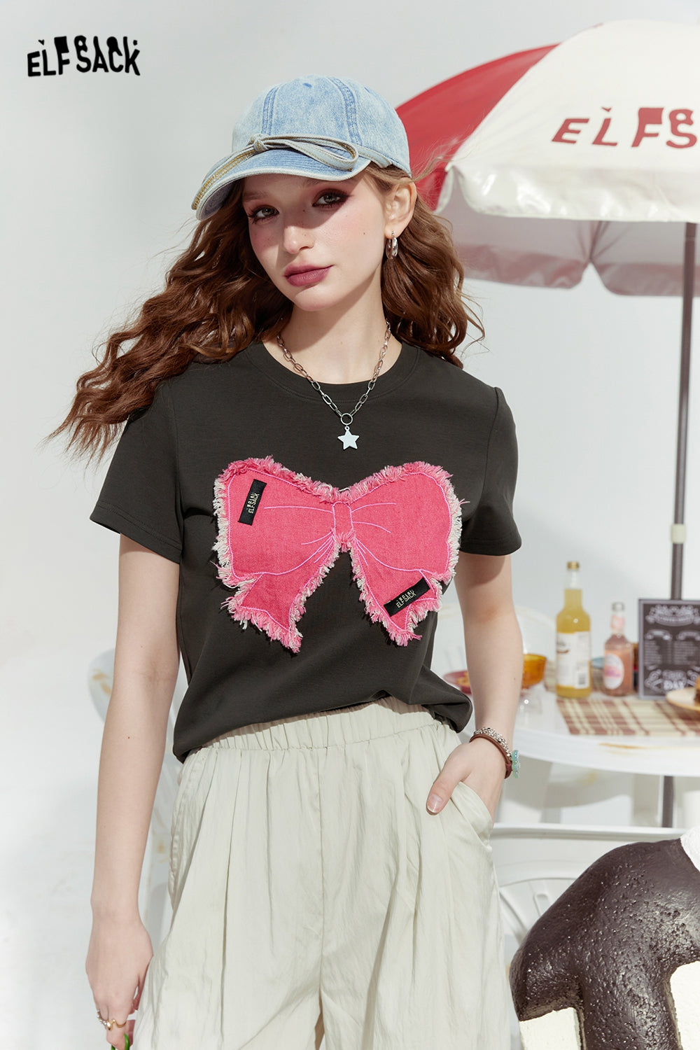 ELFSACK Bowknot slim fit gentle straight shoulder American versatile short sleeve T-shirt