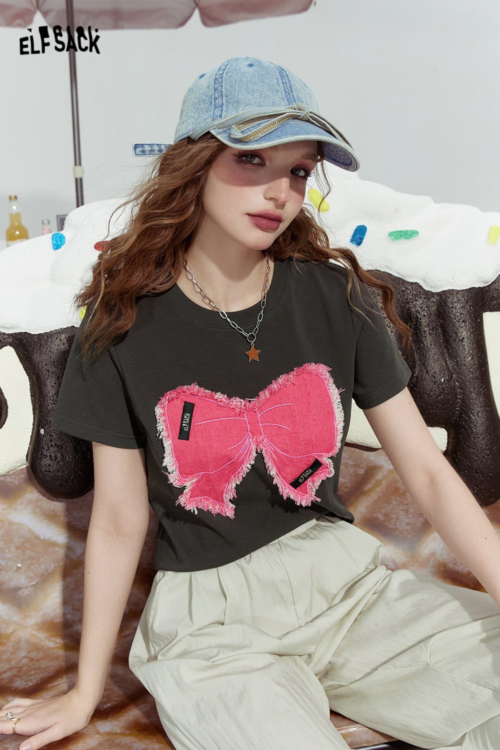ELFSACK Bowknot slim fit gentle straight shoulder American versatile short sleeve T-shirt