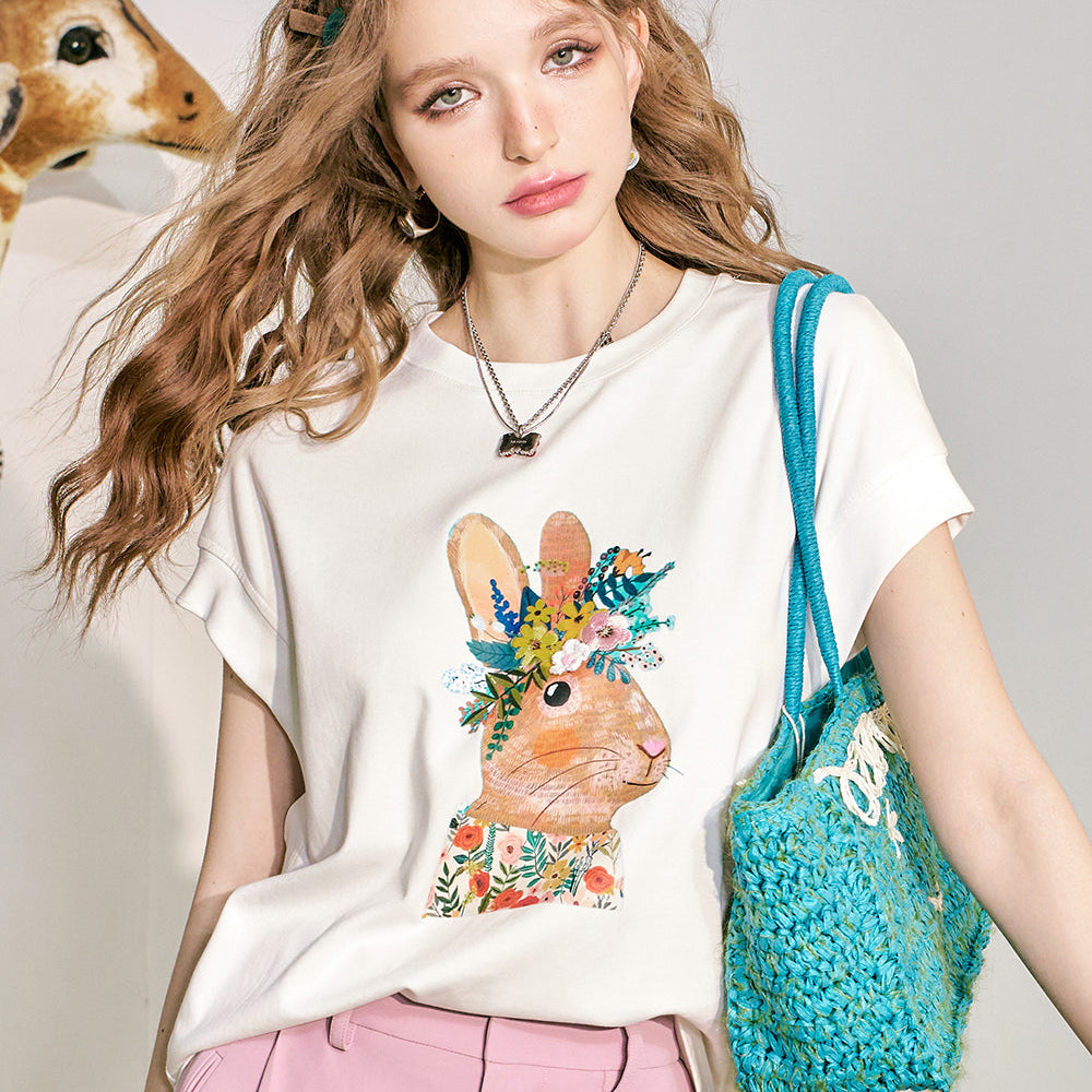 
                  
                    ELFSACK 2024 Summer New Rabbit Print Loose Short sleeved T-shirt Women's Design Versatile Top
                  
                