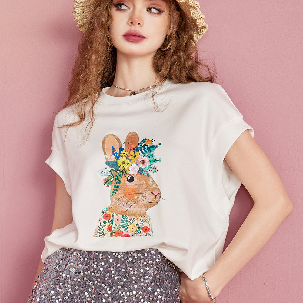 
                  
                    ELFSACK 2024 Summer New Rabbit Print Loose Short sleeved T-shirt Women's Design Versatile Top
                  
                