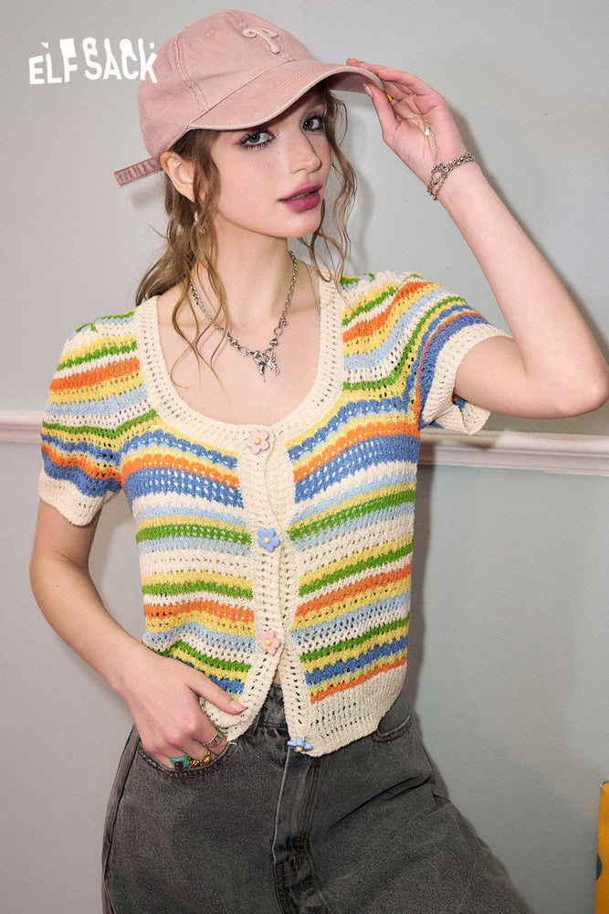 
                  
                    ELFSACK Colorful striped knitted short sleeved women's early spring 2024 new slim fit and slimming design top
                  
                