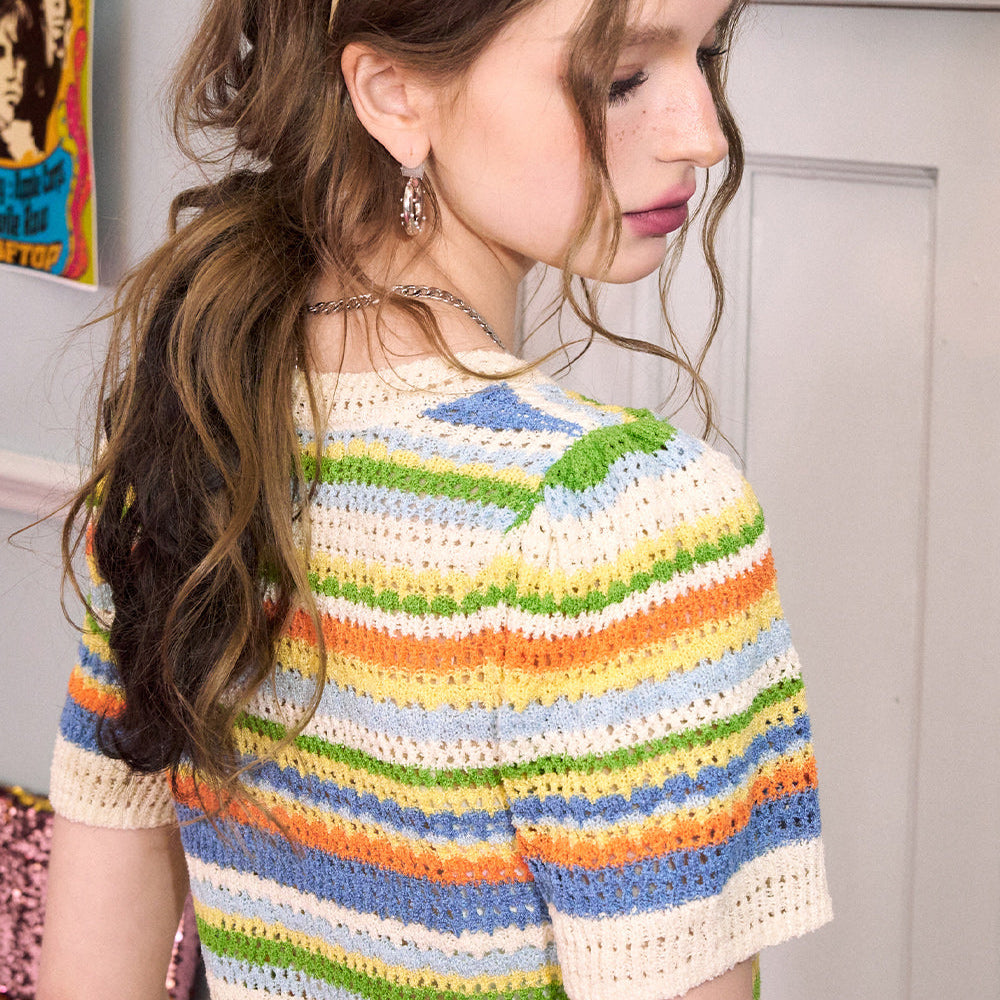 
                  
                    ELFSACK Colorful striped knitted short sleeved women's early spring 2024 new slim fit and slimming design top
                  
                