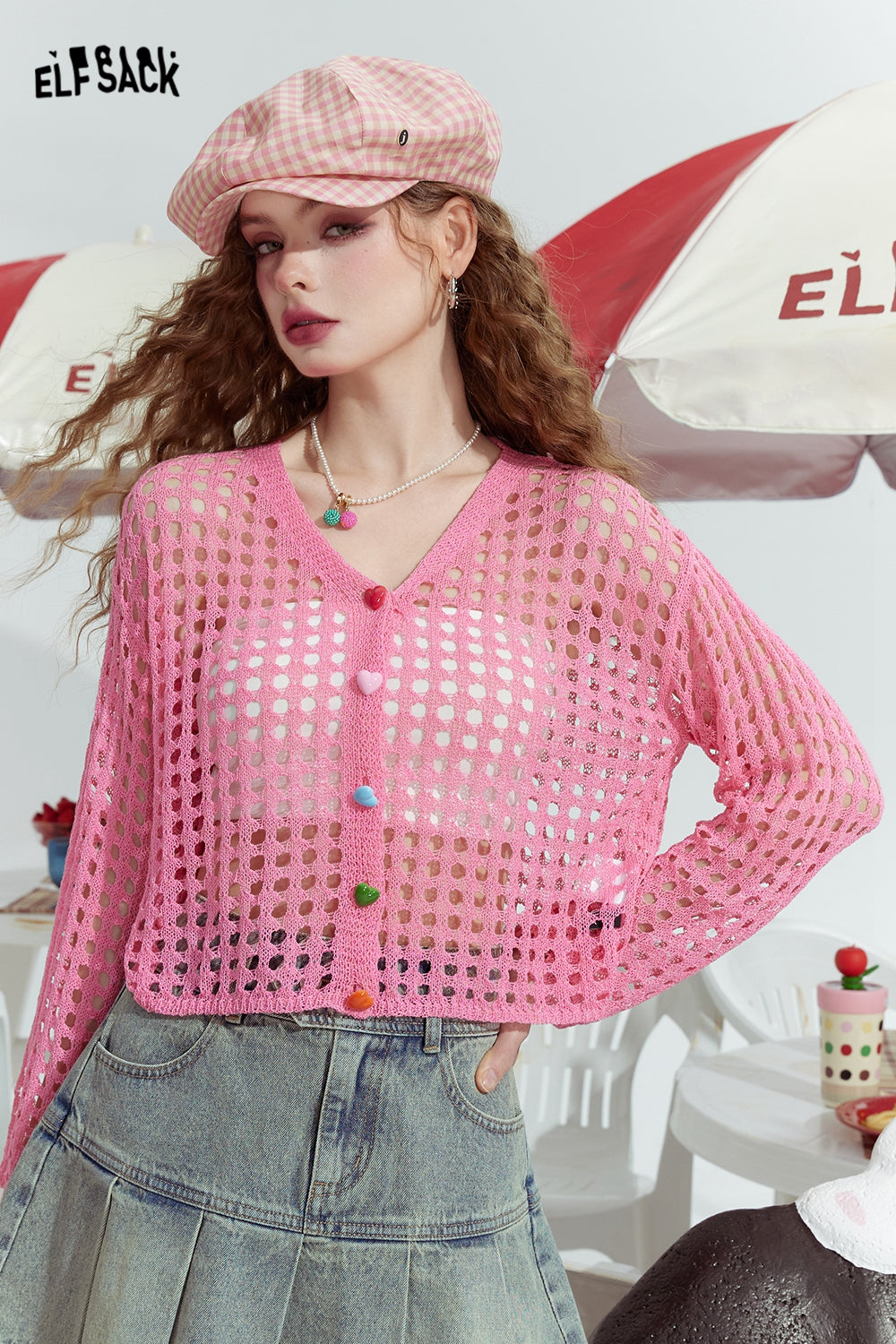 ELFSACK Hollow design fashion loose outer wear dopamine knitted sweater thin cardigan women