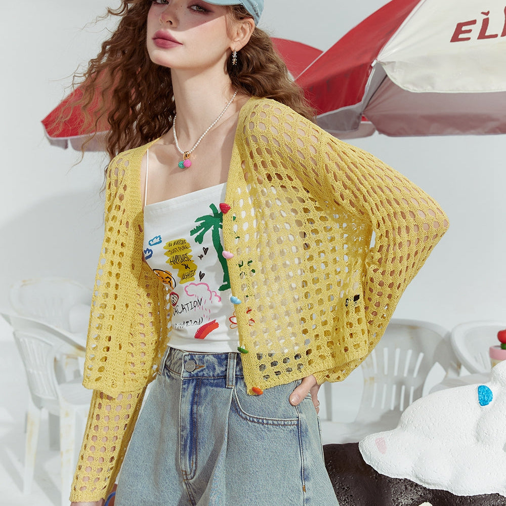 ELFSACK 2024 Summer New Hollow design fashion loose outer wear dopamine knitted sweater thin cardigan women