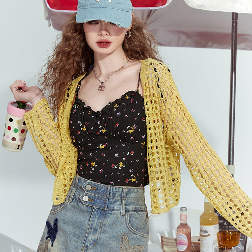 
                  
                    ELFSACK 2024 Summer New Hollow design fashion loose outer wear dopamine knitted sweater thin cardigan women
                  
                