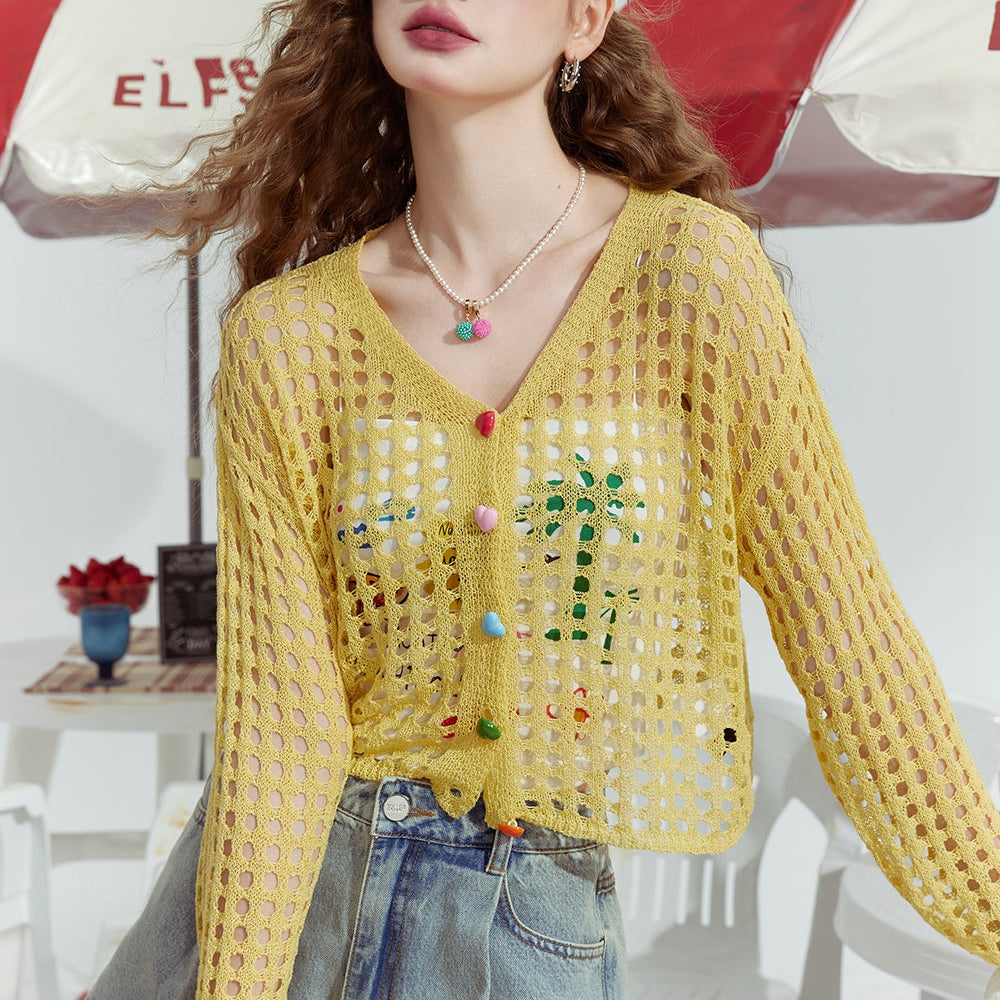 
                  
                    ELFSACK 2024 Summer New Hollow design fashion loose outer wear dopamine knitted sweater thin cardigan women
                  
                