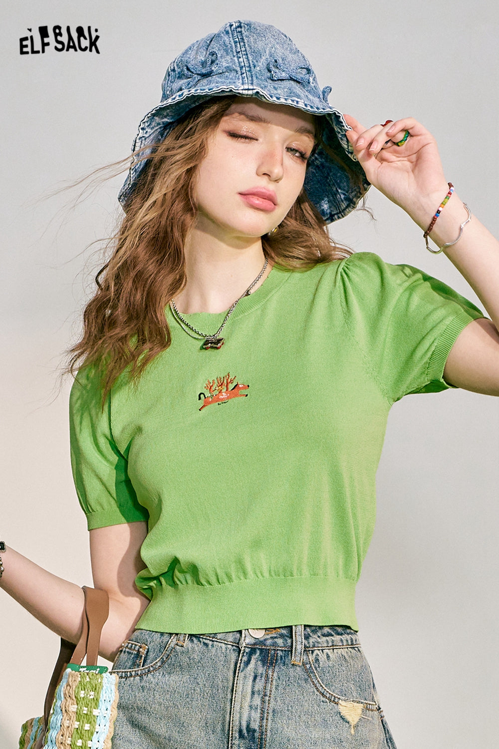 ELFSACK Bubble Sleeve Short sleeved Knitted Shirt Women's Slim Fit Breathable Versatile Top