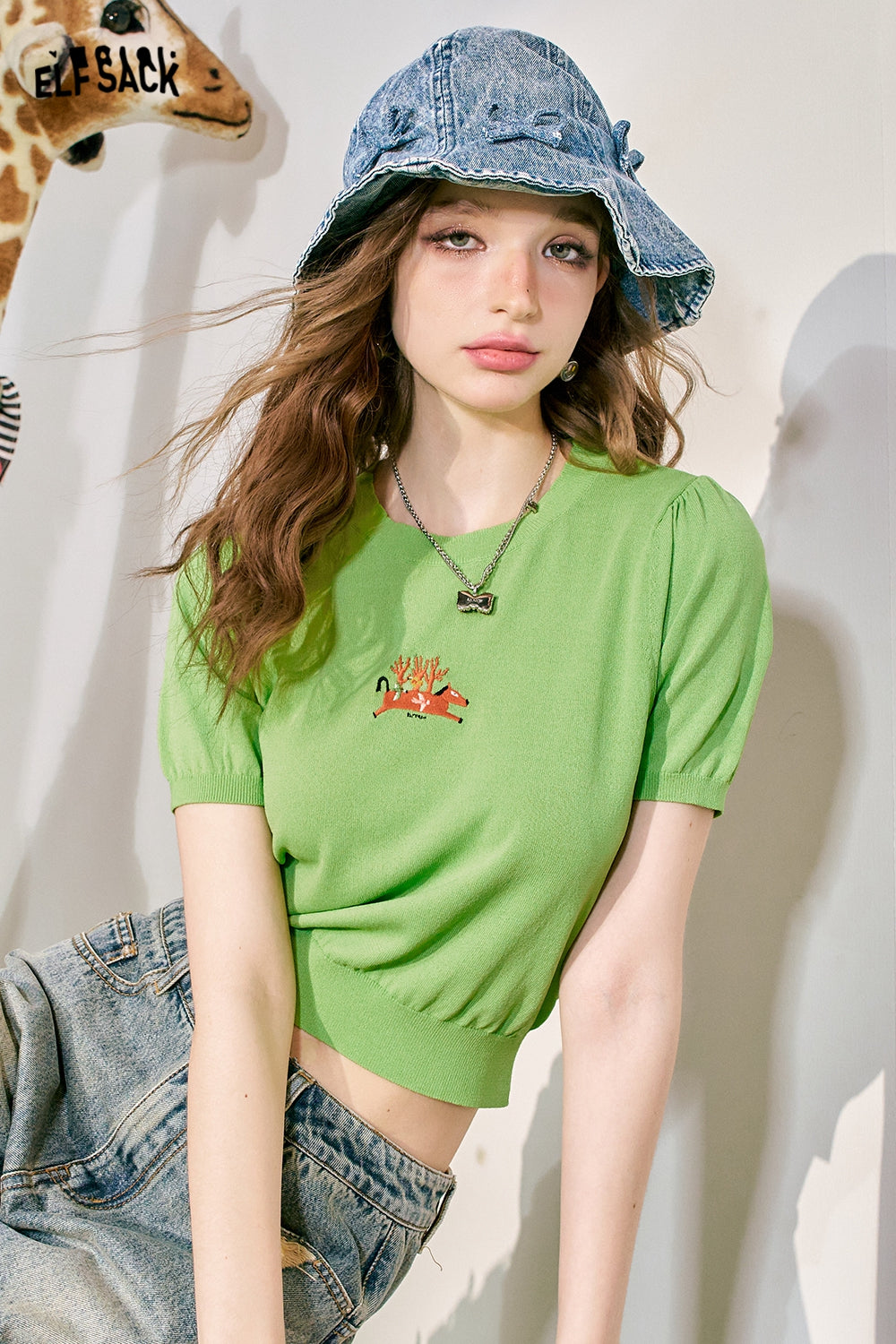 ELFSACK Bubble Sleeve Short sleeved Knitted Shirt Women's Slim Fit Breathable Versatile Top
