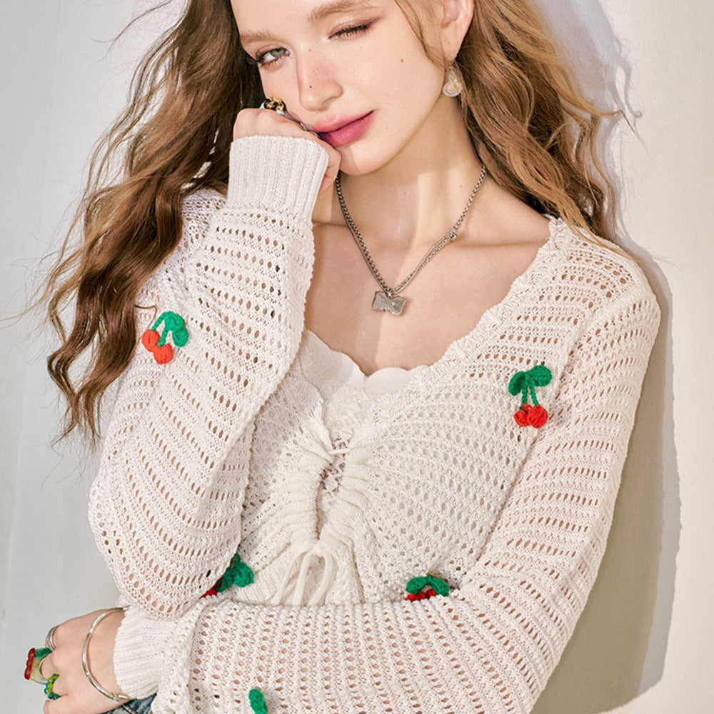 
                  
                    ELFSACK 2024 Summer New Cherry Hook Flower Hollow Knitted Shirt Women's Drawstring Sweet Cardigan
                  
                