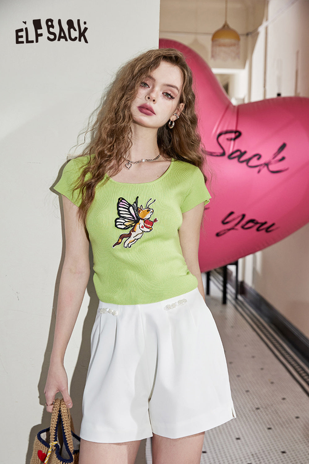 ELFSACK White Gentle Butterfly Cat Free Slim Fit Thin Short Sleeve Knit Sweater