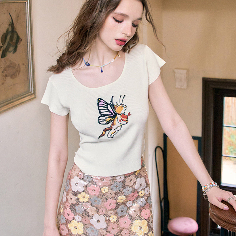 ELFSACK 2024 Summer New White Gentle Butterfly Cat Free Slim Fit Thin Short Sleeve Knit Sweater for women