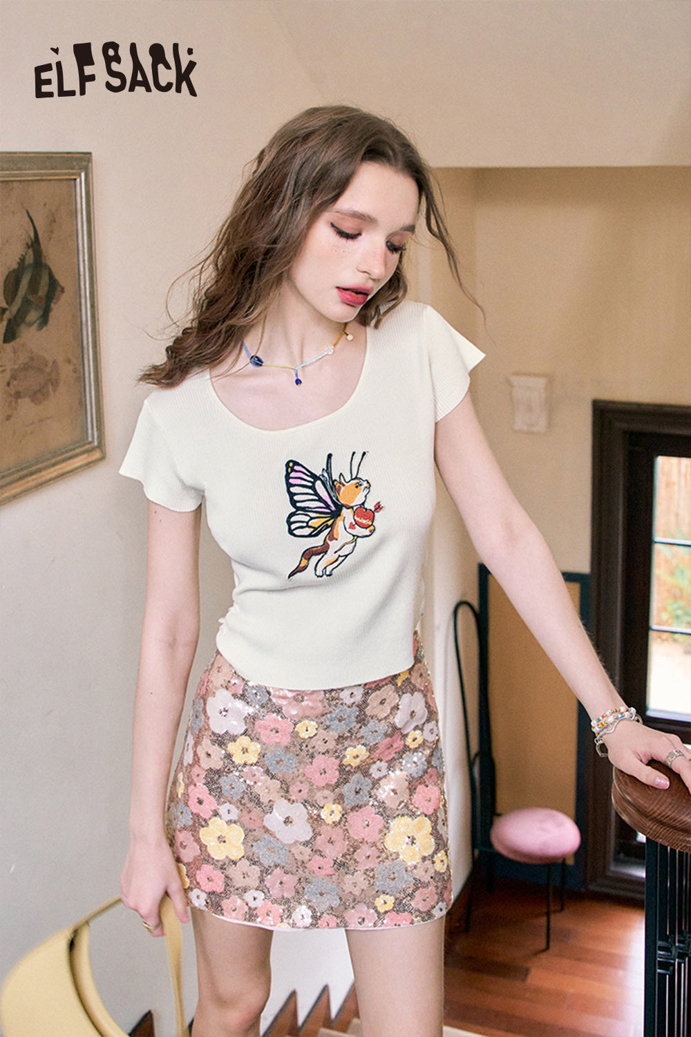 ELFSACK 2024 Summer New White Gentle Butterfly Cat Free Slim Fit Thin Short Sleeve Knit Sweater for women