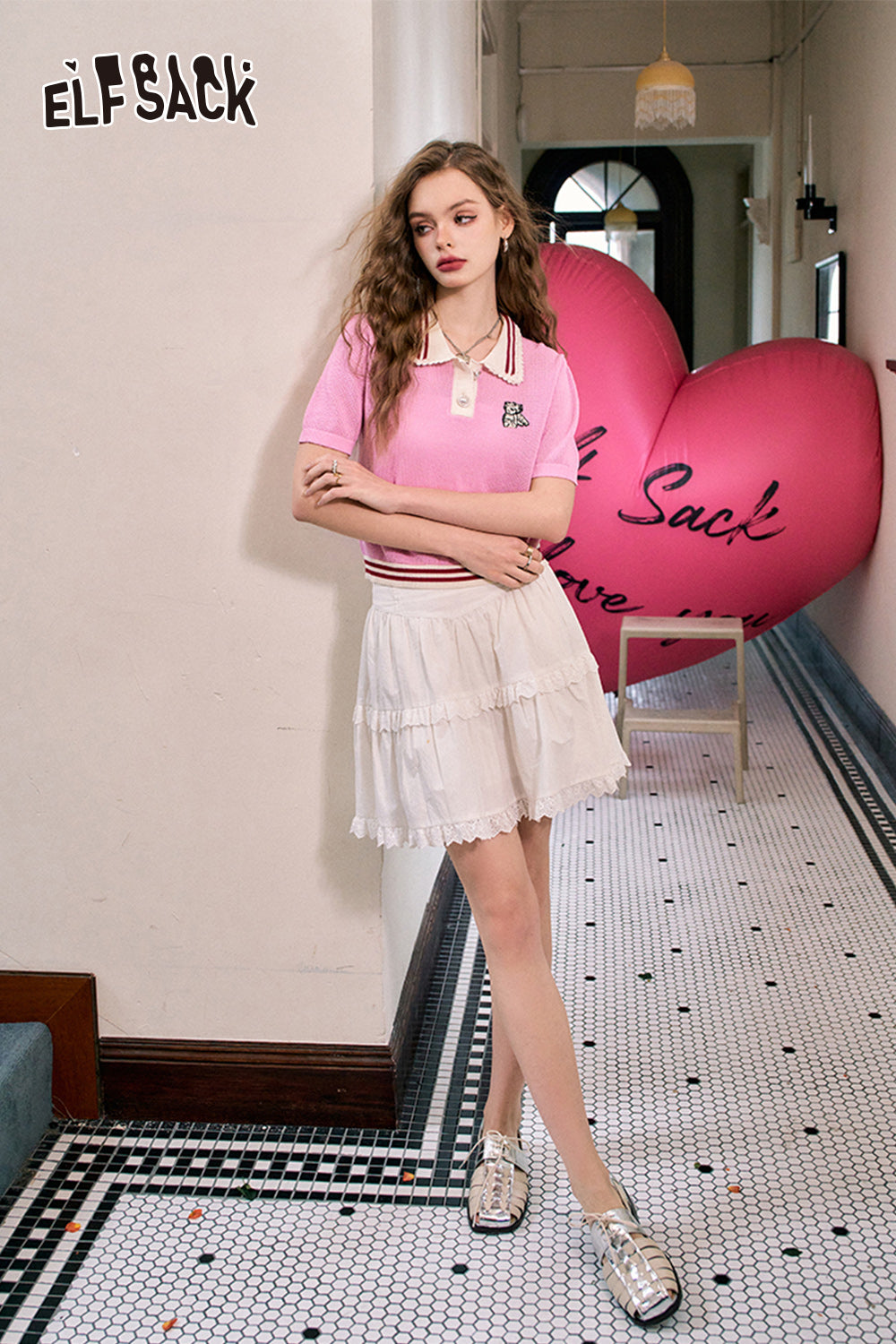 ELFSACK Polo collar hollow college style casual versatile thin short-sleeved sweater