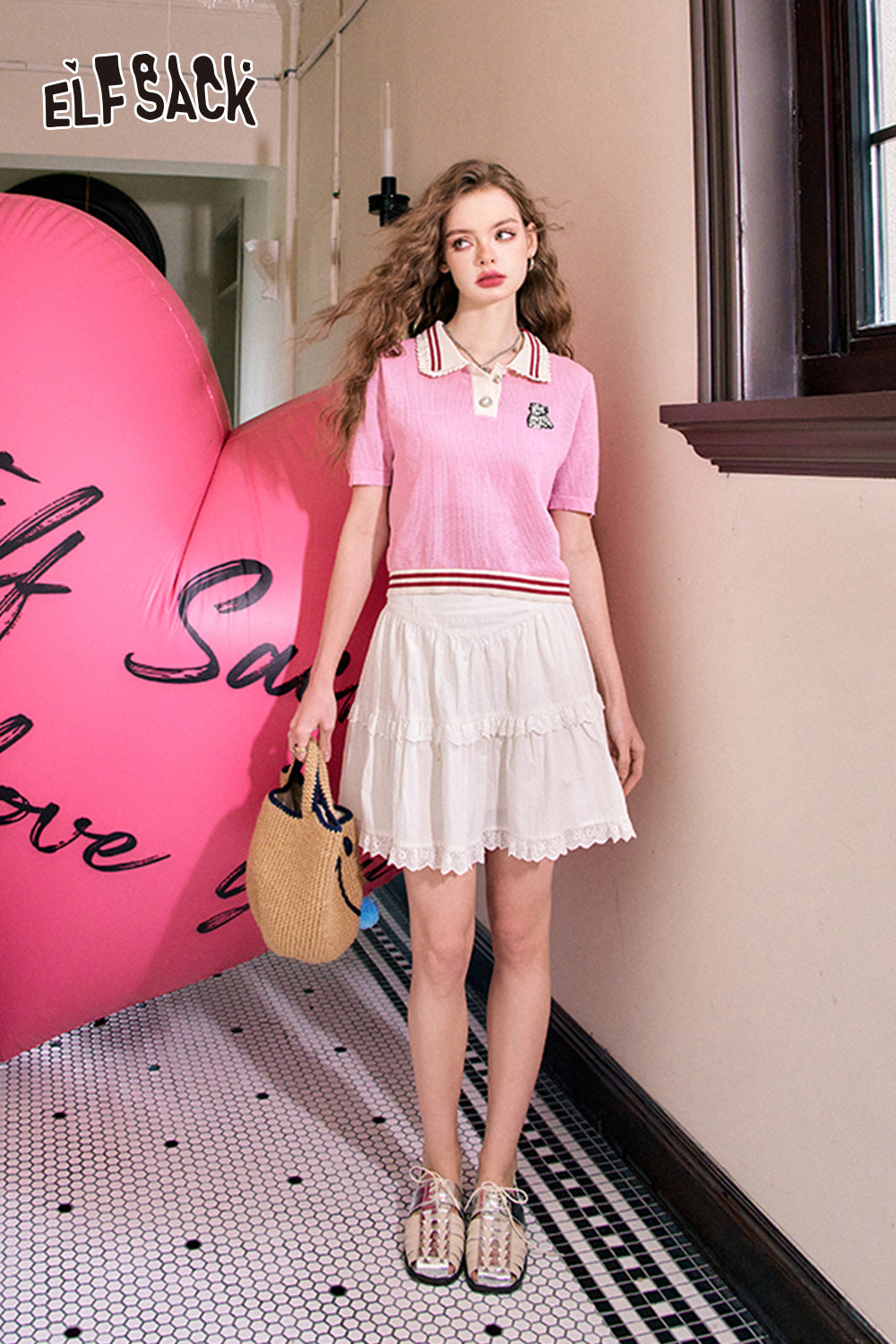 ELFSACK Polo collar hollow college style casual versatile thin short-sleeved sweater