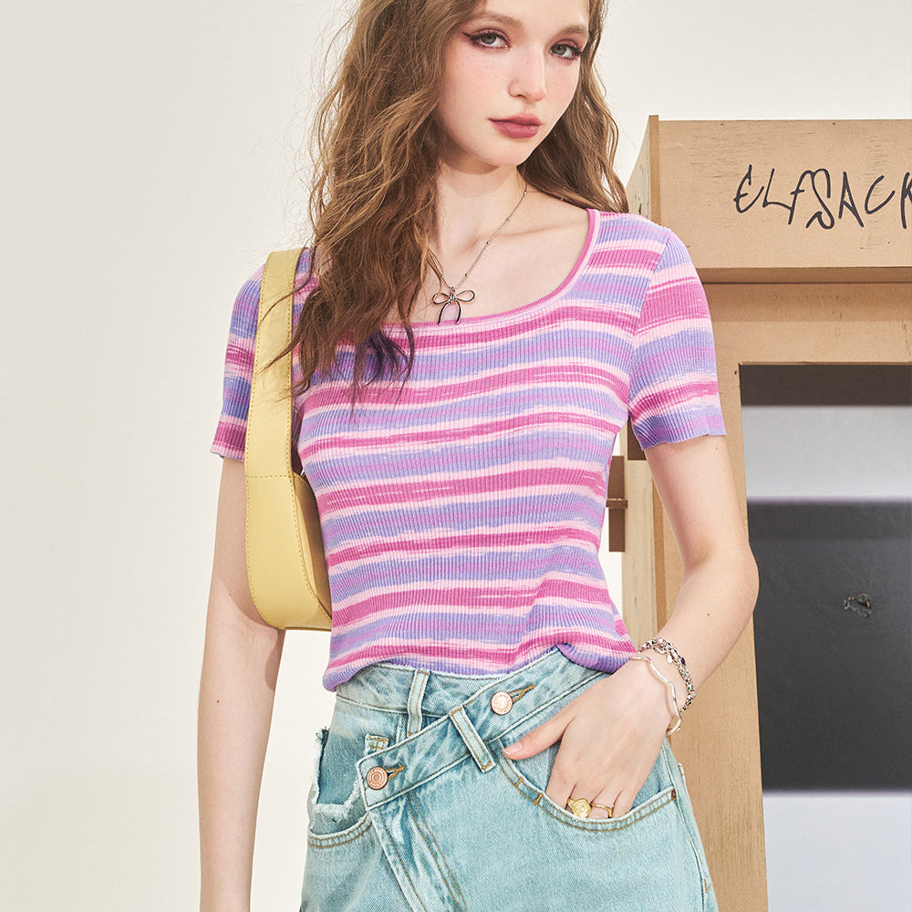 
                  
                    ELFSACK Rainbow striped short sleeved knitted sweater for women in spring/summer 2024, new dopamine dressing, slimming top
                  
                