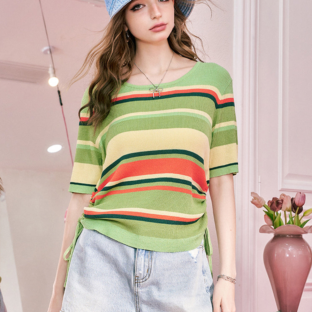 
                  
                    ELFSACK 24 Year Summer Dopamine Stripe Casual Knitwear Women's Side Lace Short sleeved Top
                  
                