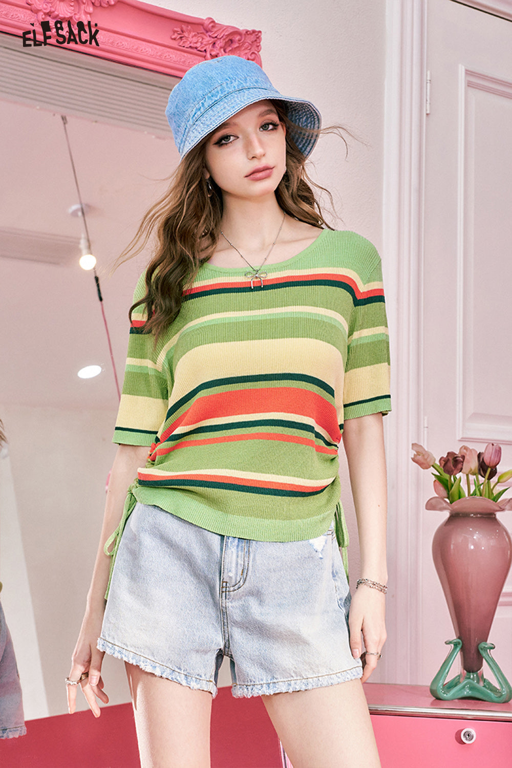 ELFSACK 24 Year Summer Dopamine Stripe Casual Knitwear Women's Side Lace Short sleeved Top