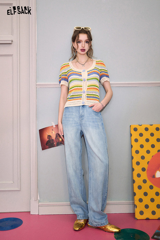 
                  
                    ELFSACK Light colored silk cotton straight leg jeans for women in spring 2024, new loose high waisted wide leg pants
                  
                