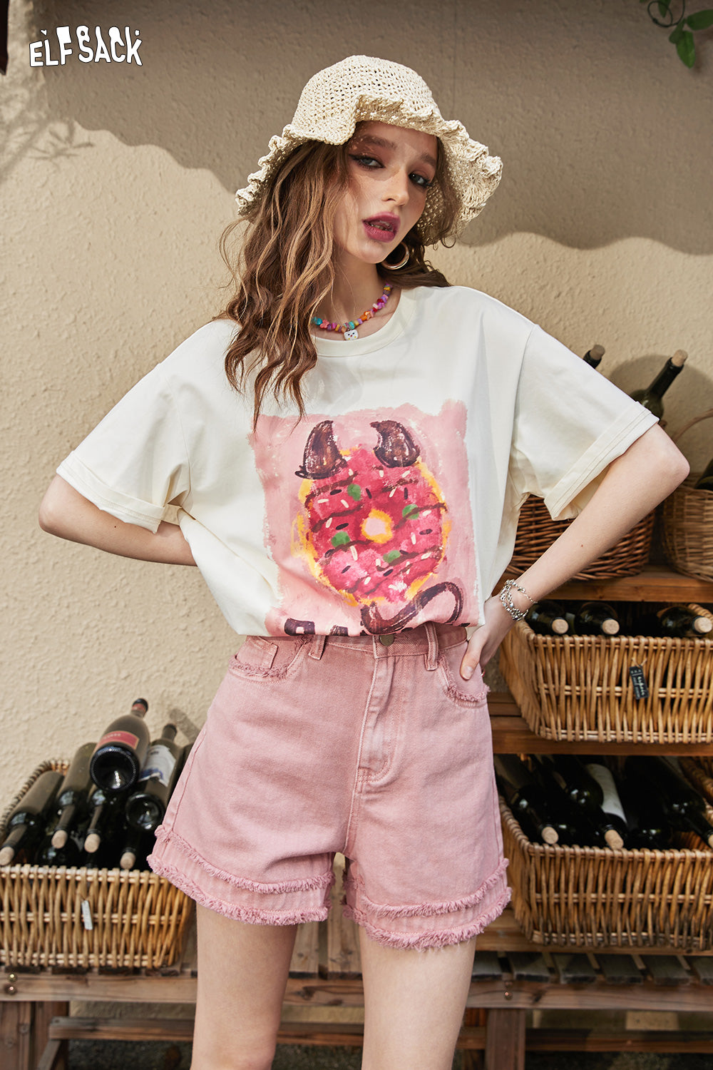 ELFSACK High Waist Ragged Edge Retro Jeans Women's Shorts Pink Slimming Hot Pants