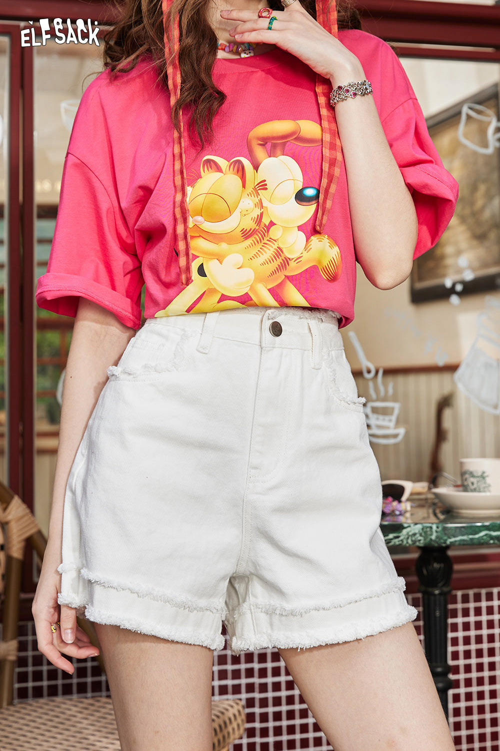 ELFSACK High Waist Ragged Edge Retro Jeans Women's Shorts Pink Slimming Hot Pants