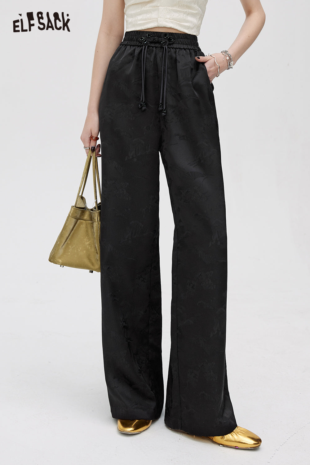 ELFSACK picnic travel vacation holiday soft comfortable fitted Chinese style satin jacquard weaving straight pants high waisted casual