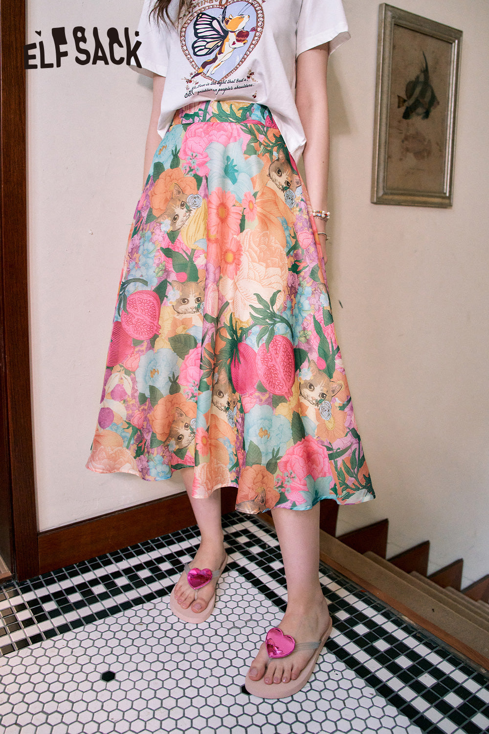 ELFSACK High waist oil painting sexy holiday style free feeling midi skirt skirt
