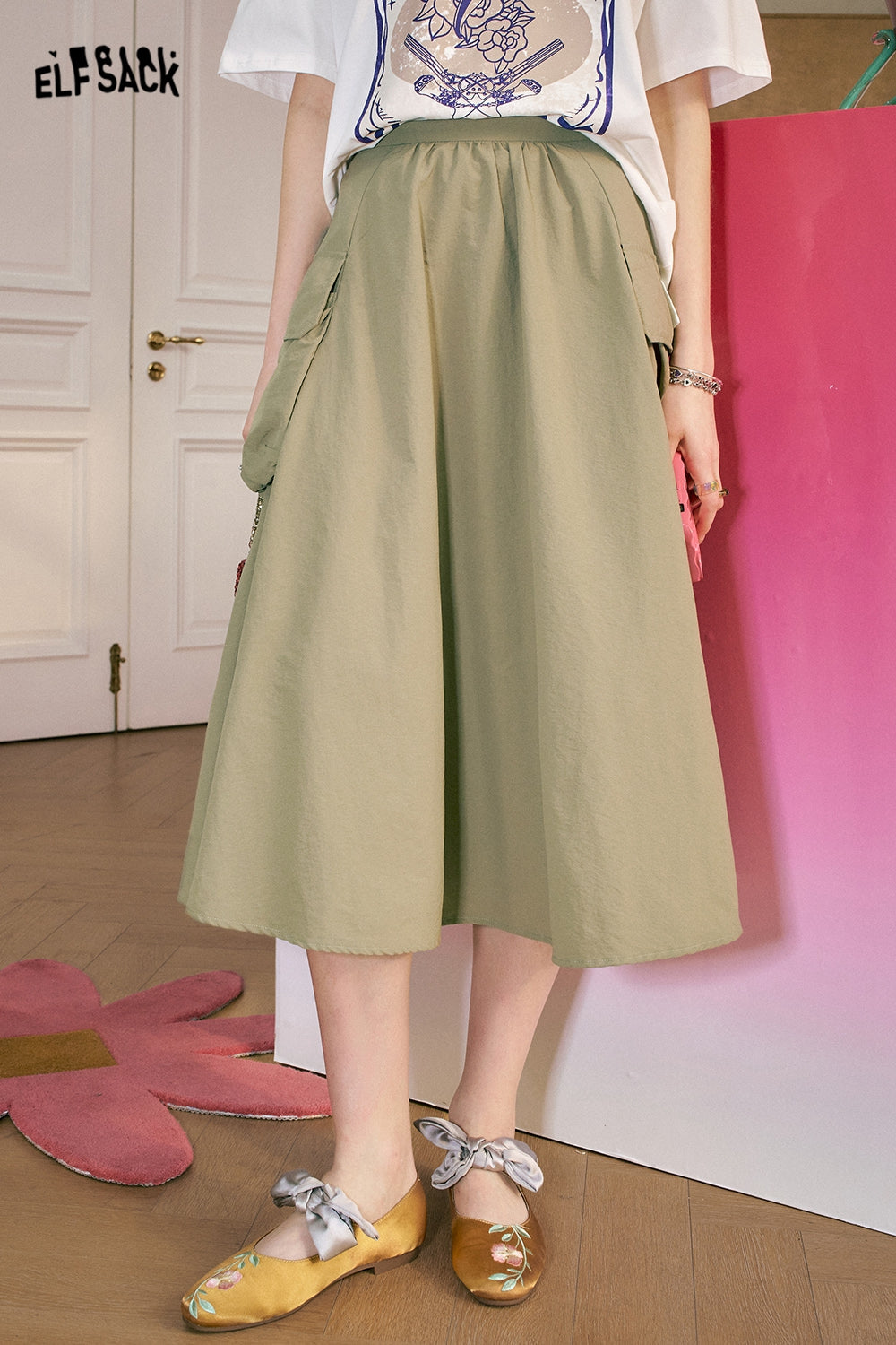 ELFSACK High waisted A-line workwear skirt for women's summer 2024 new casual and versatile long skirt nylon