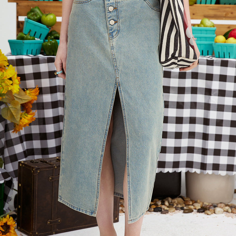 
                  
                    ELFSACK 2024 summer new arrival picnic travel vacation holiday soft comfortable fitted High waisted split denim skirt long skirt casual cute shopping hollowing out
                  
                