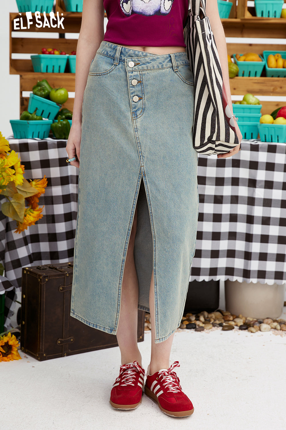 ELFSACK 2024 summer new arrival picnic travel vacation holiday soft comfortable fitted High waisted split denim skirt long skirt casual cute shopping hollowing out