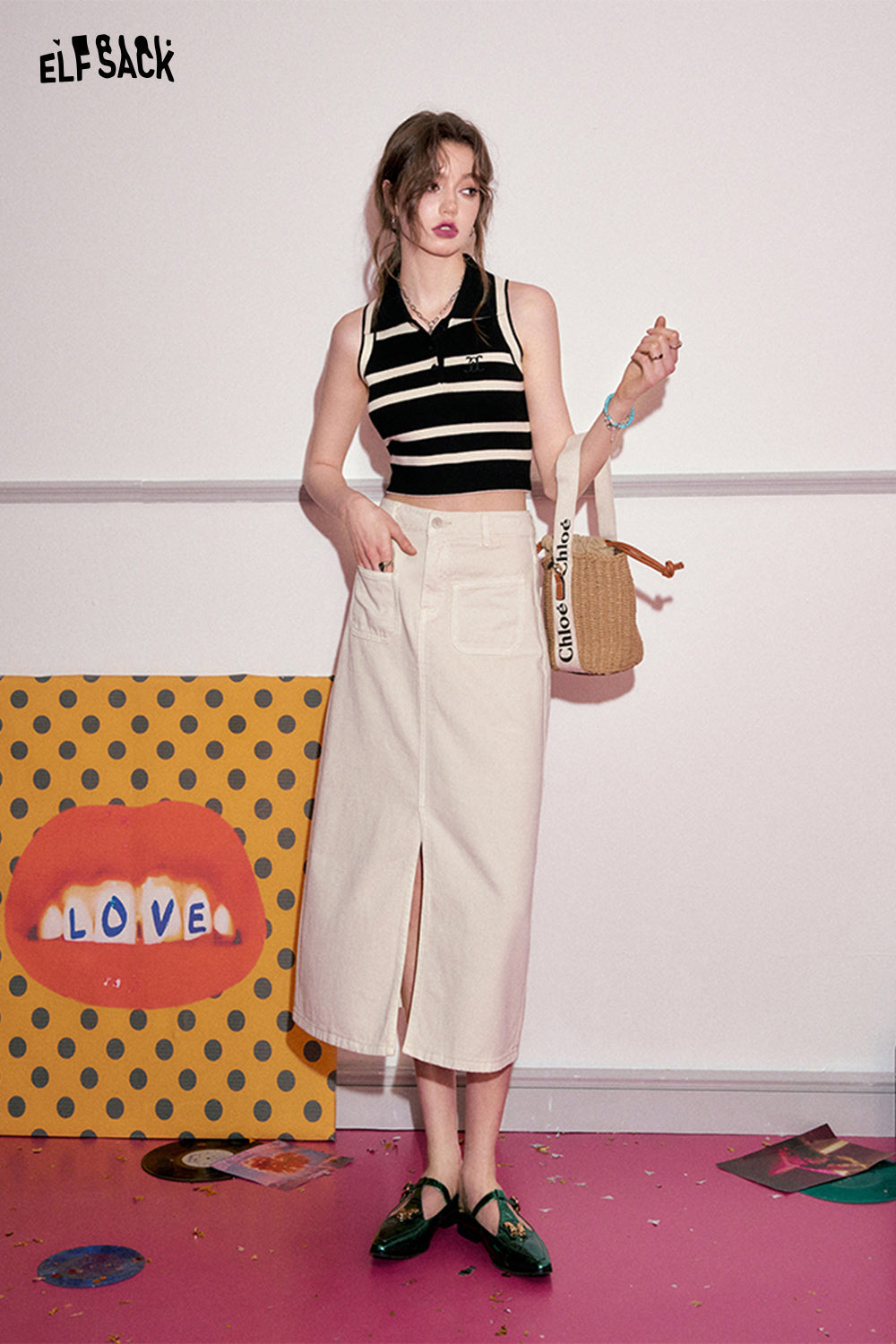 ELFSACK [Dopamine Series] Front slit denim skirt's spring high waisted design