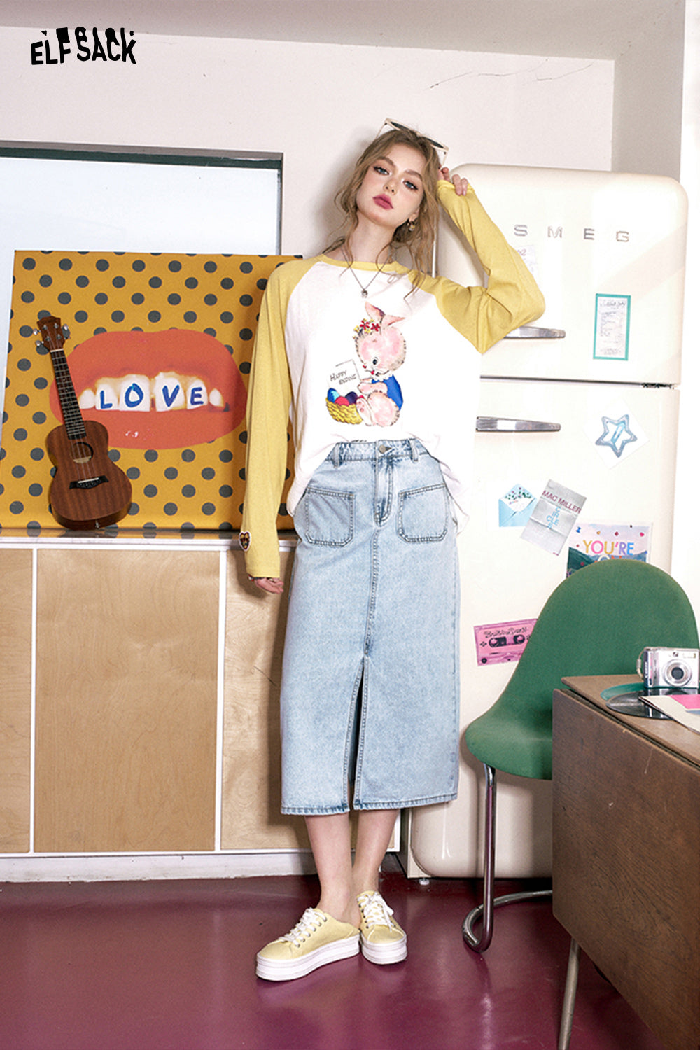 ELFSACK [Dopamine Series] Front slit denim skirt's spring high waisted design