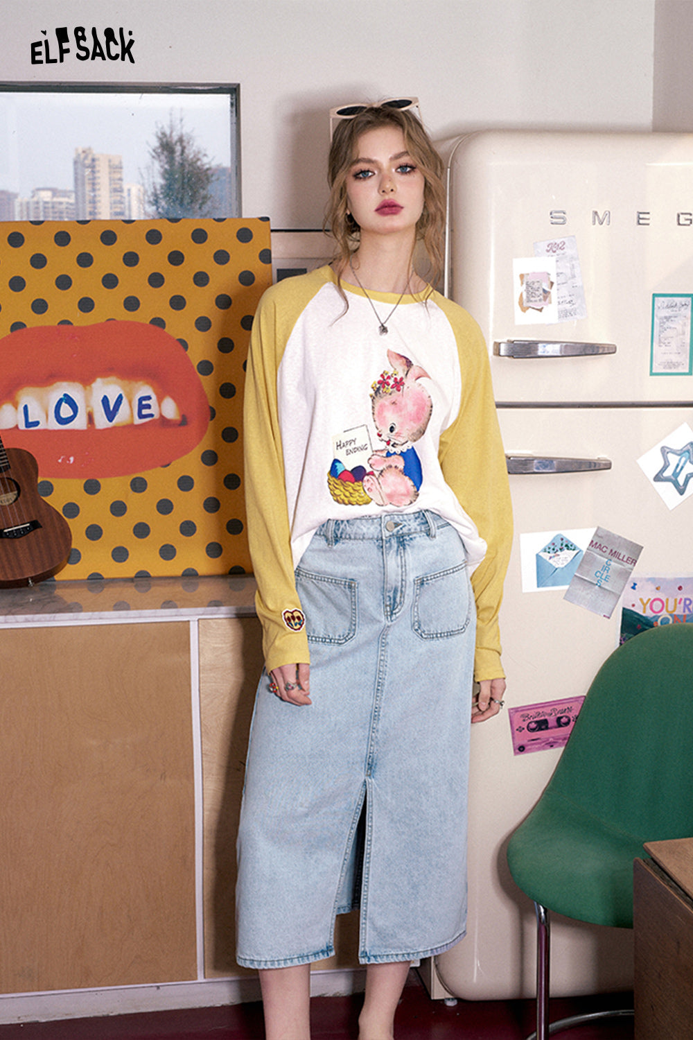 ELFSACK [Dopamine Series] Front slit denim skirt's spring high waisted design