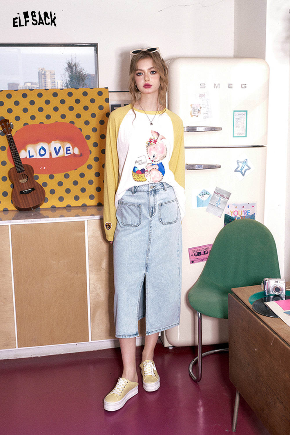 ELFSACK [Dopamine Series] Front slit denim skirt's spring high waisted design