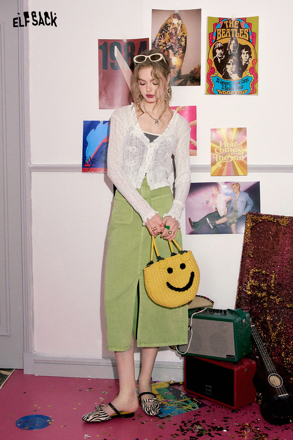 ELFSACK [Dopamine Series] Front slit denim skirt's spring high waisted design