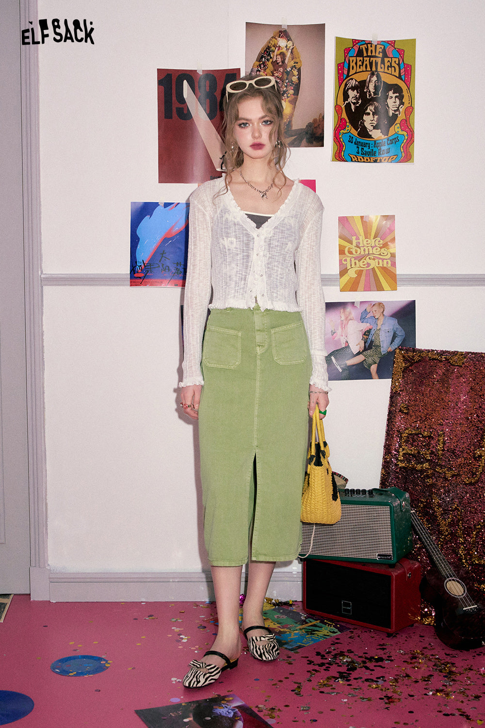 ELFSACK [Dopamine Series] Front slit denim skirt's spring high waisted design