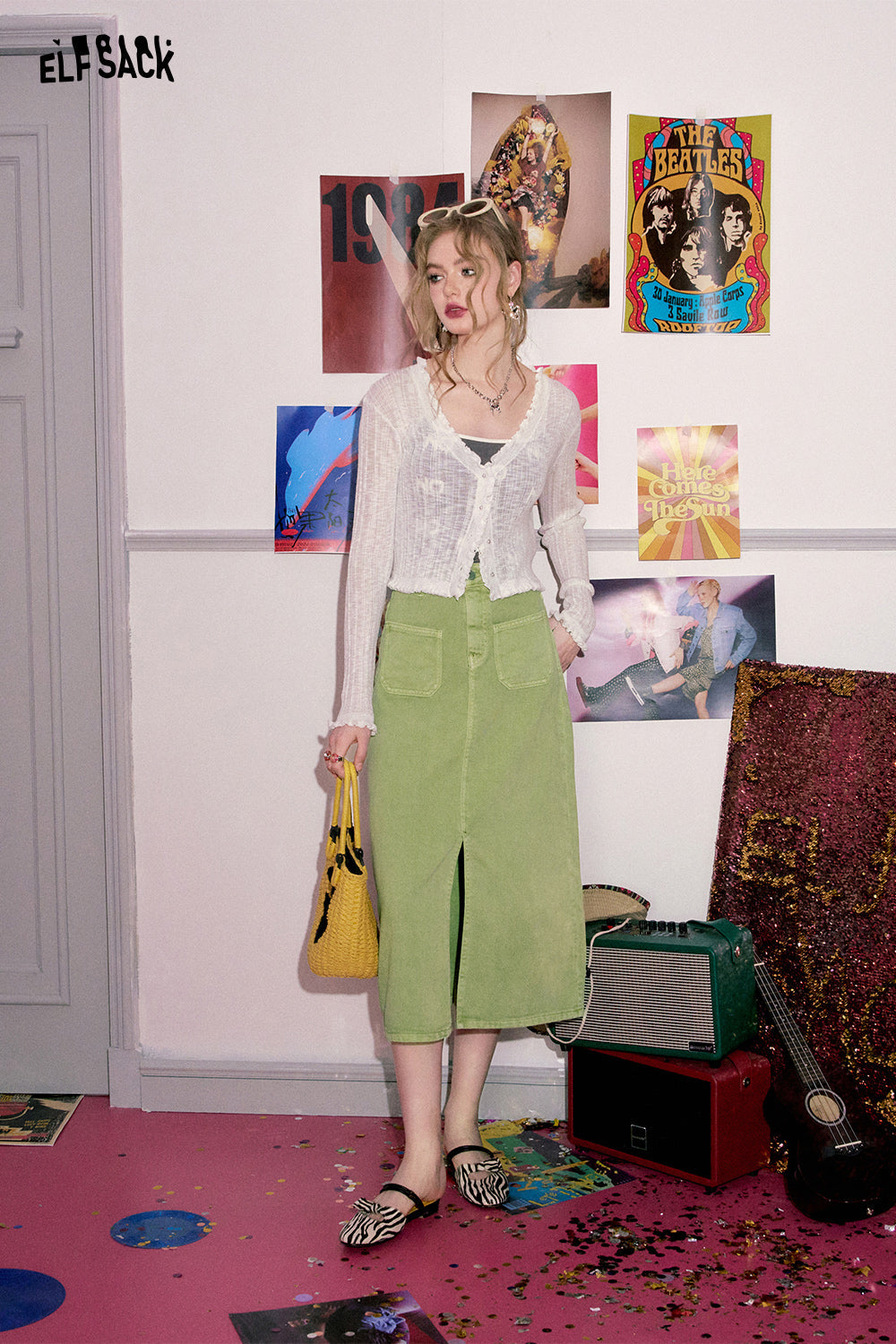 ELFSACK [Dopamine Series] Front slit denim skirt's spring high waisted design