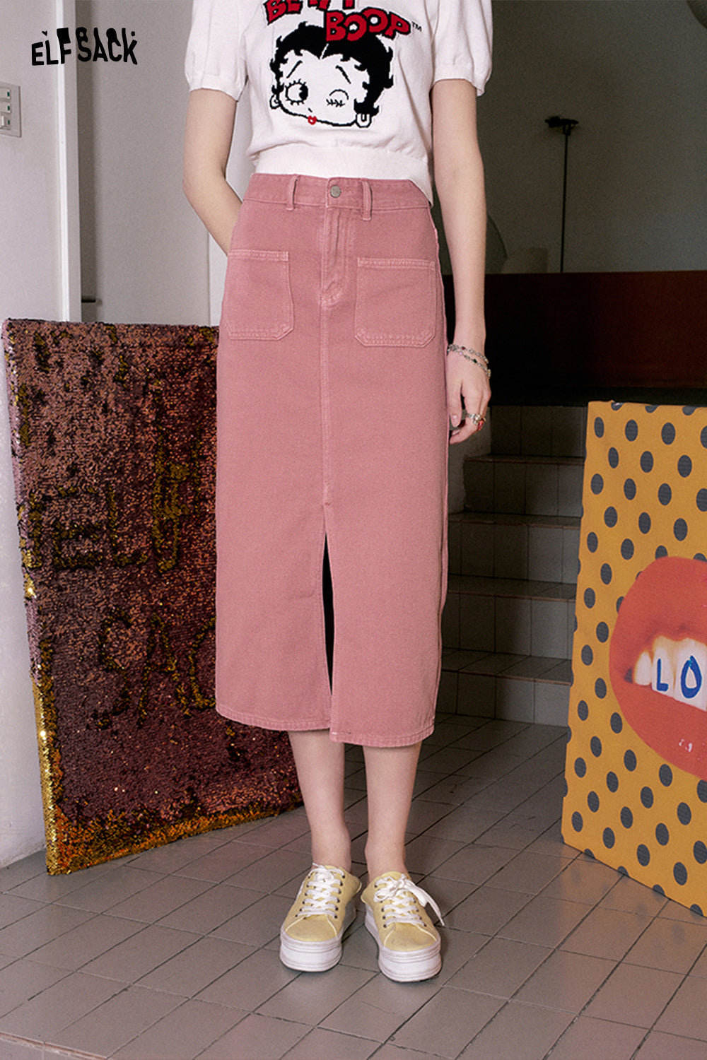 ELFSACK [Dopamine Series] Front slit denim skirt's spring high waisted design