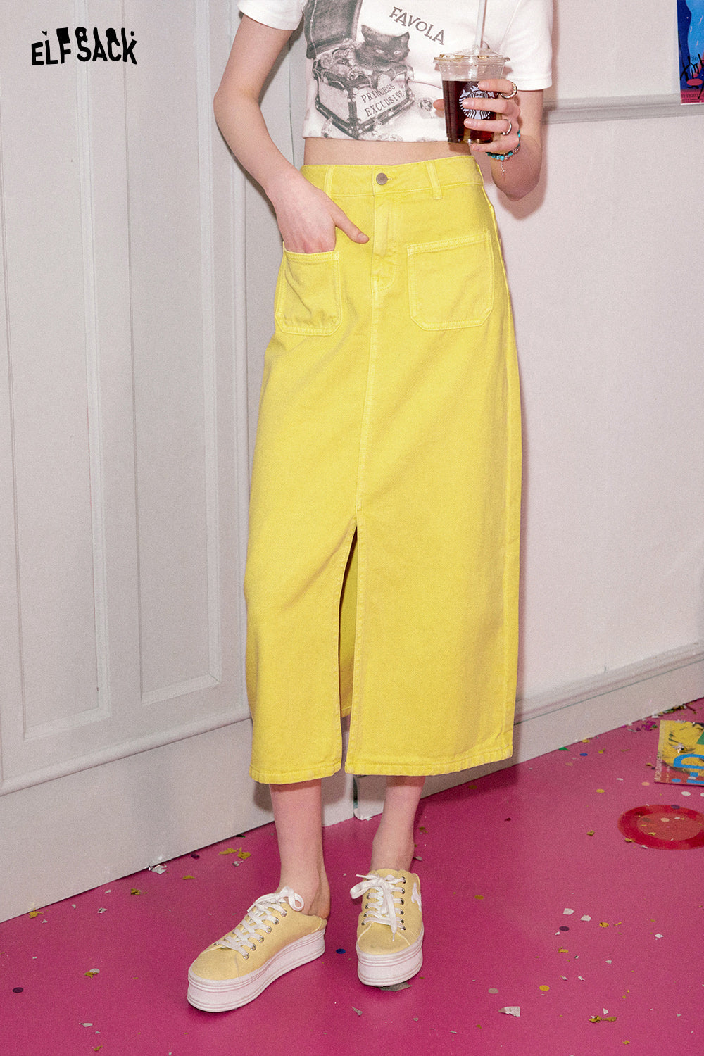 ELFSACK [Dopamine Series] Front slit denim skirt's spring high waisted design