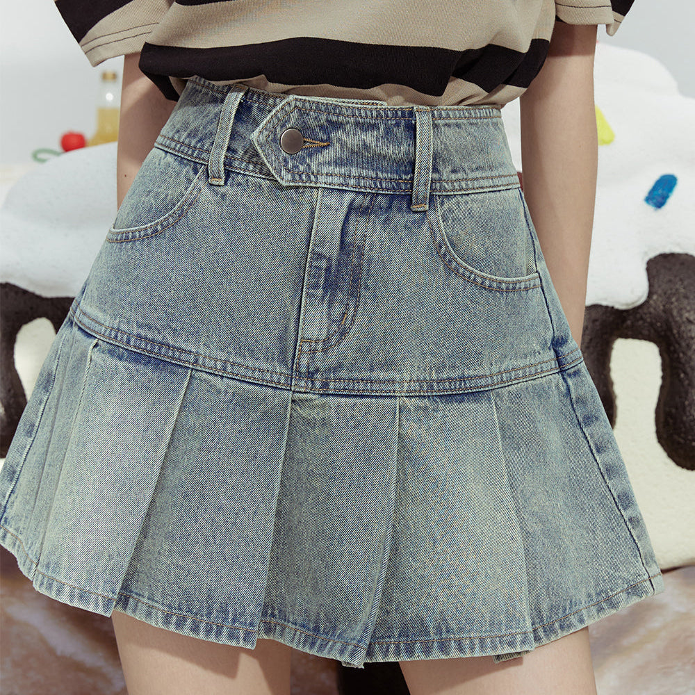 ELFSACK 2024 Summer New High waist pleated slim fit hip-covering sexy distressed denim skirt for women