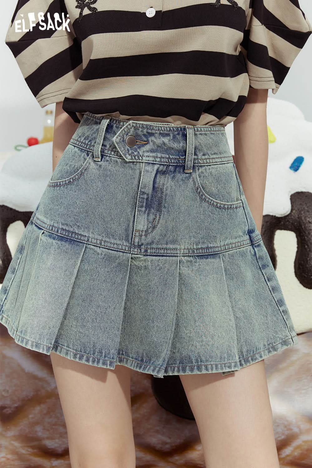 ELFSACK High waist pleated slim fit hip-covering sexy distressed denim skirt