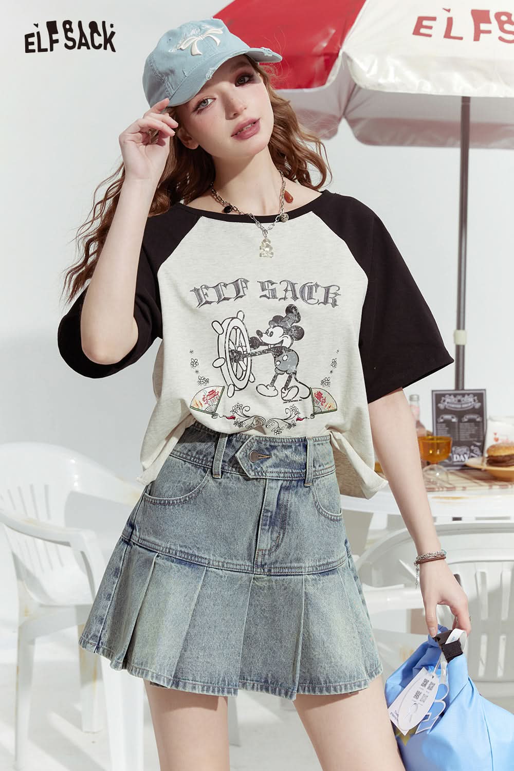 ELFSACK High waist pleated slim fit hip-covering sexy distressed denim skirt