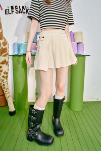 ELFSACK High Waist A-Line Pure Cotton Half Skirt's Versatile Sweet Pleated Short Skirt