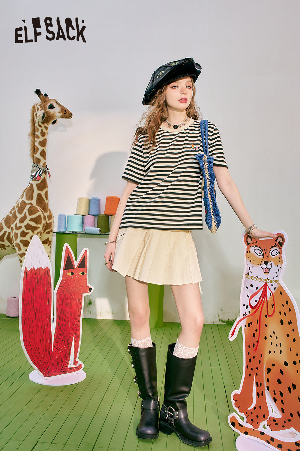 ELFSACK High Waist A-Line Pure Cotton Half Skirt's Versatile Sweet Pleated Short Skirt