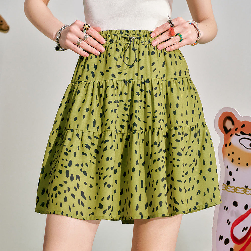 ELFSACK 2024 Summer New Leopard Pattern A-line Half Skirt Women's Elastic Waist Pig Nose Buckle Design Short Skirt