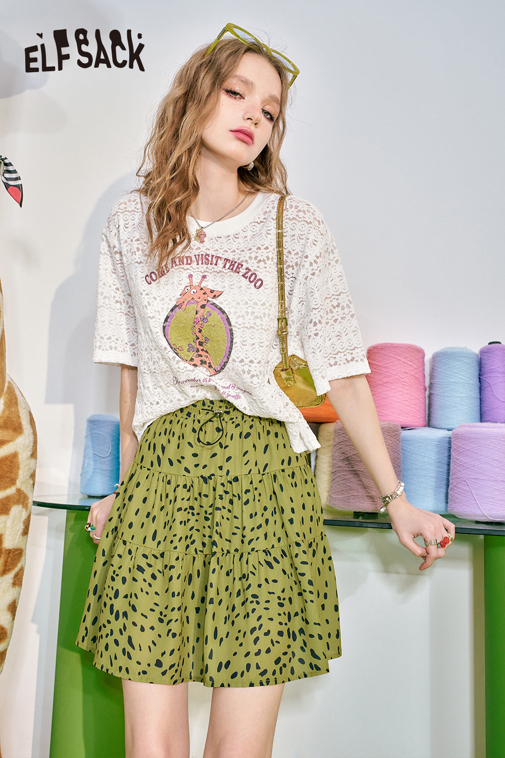 ELFSACK Leopard Pattern A-line Half Skirt Women's Elastic Waist Pig Nose Buckle Design Short Skirt