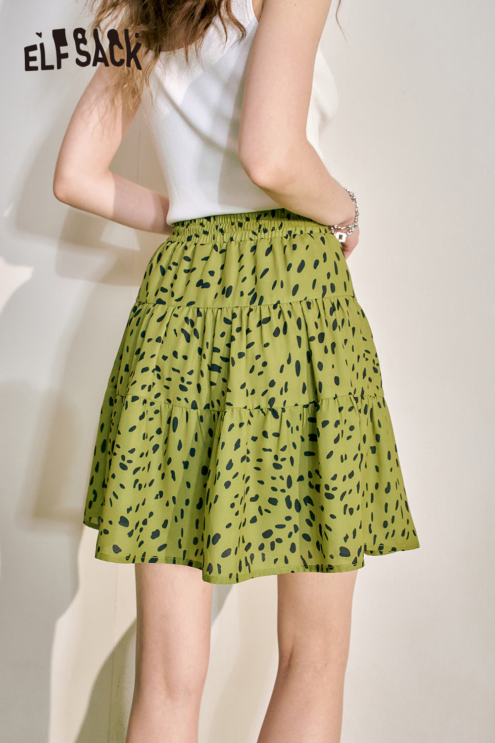 ELFSACK Leopard Pattern A-line Half Skirt Women's Elastic Waist Pig Nose Buckle Design Short Skirt