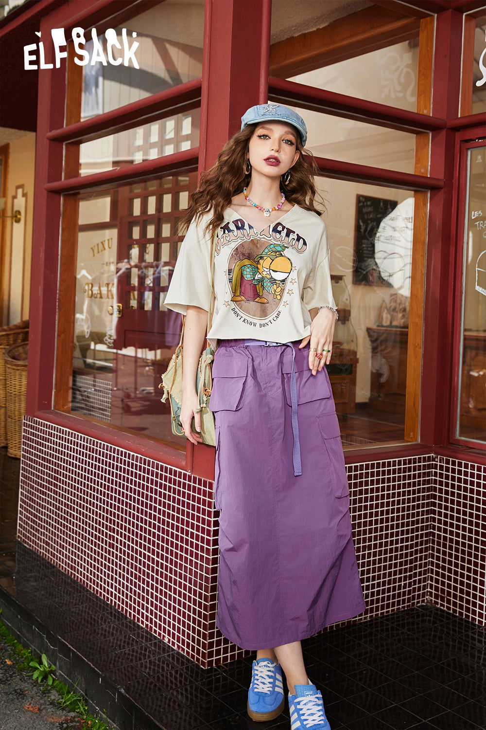 ELFSACK Retro High Waist Texture Skirt Women's Loose and Slimming Work Dress